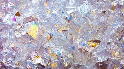 Cluster of iridescent crystals.  Intricate, multifaceted gems in various shades of  purple, gold, and white, showcasing vibrant light refraction