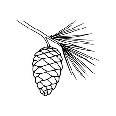 Pine Cone with Pine Needles Simple Vector Outline in minimalistic black and white design