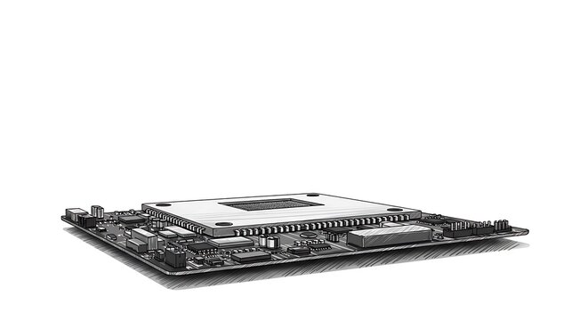 black and white minimalist sketch, puter motherboard with ai processor showcased at the bottom, under polished gleam, ample copy space at the top for your text