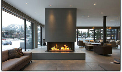 Modern Hotel Lobby with Large Gray Fireplace and Snowy Mountain View