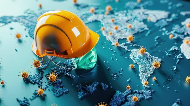 Global Pandemic Impact on Workers Hard Hat and Mask on World Map