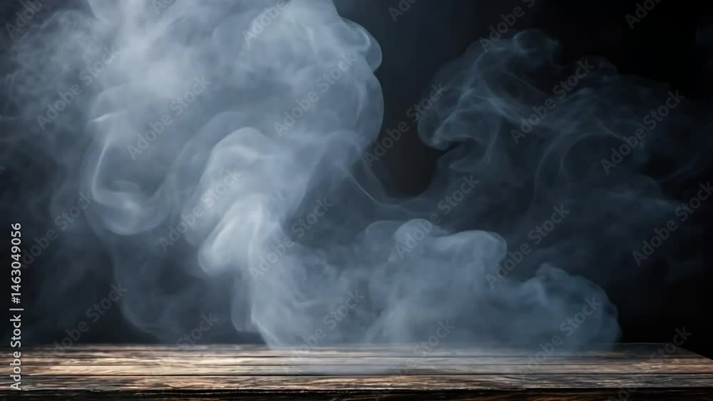 Poster ethereal smoke swirling above wooden surface mysterious patterns and calm atmosphere against dark ba