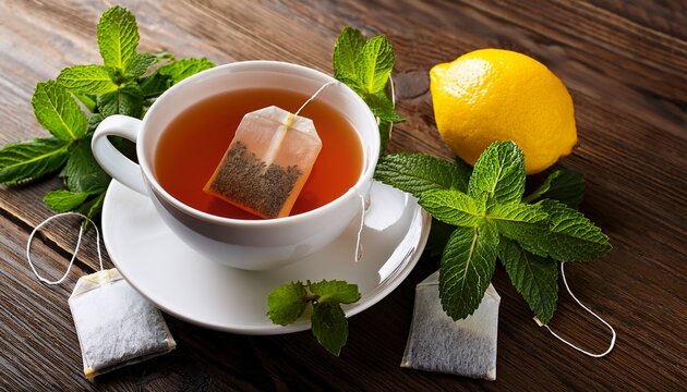 cup of tea with tea bags mint leafs and lemon on wooden table - Powered by Adobe