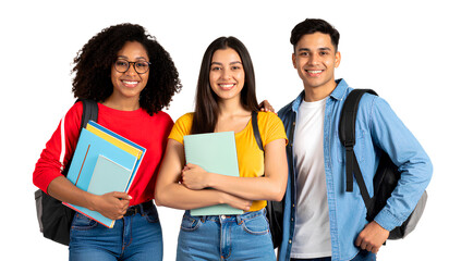 3 college students posing for a photo, transparent background, PNG