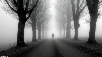 Obraz premium Fog-shrouded path with solitary figure. A grayscale landscape featuring a narrow road lined with bare trees. Dense fog envelops the scene, creating an eerie atmosphere. A lone figure walks down