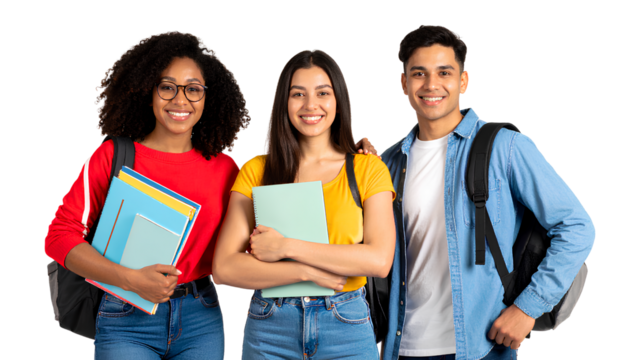 3 college students posing for a photo, transparent background, PNG - Powered by Adobe