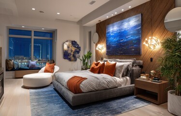Luxurious Modern Bedroom with City View at Night