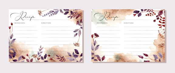 recipe card with rustic purple brown wildflower and leaves watercolor frame