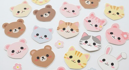 Animal Face Stickers Featuring Bears, Cats, and a Rabbit