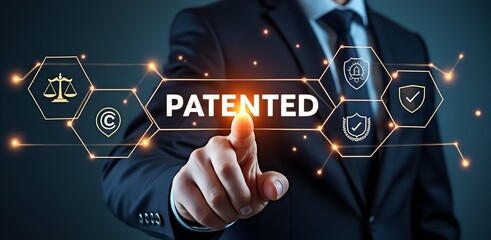 Patent Innovation: A professional figure in a distinguished suit decisively touches a glowing "Patented" interface, illustrating the essence of innovation. Enclosed within a captivating digital realm.