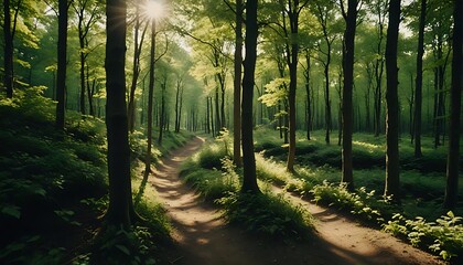 Obraz premium Sunlit Forest Path: A Serene Nature Walk