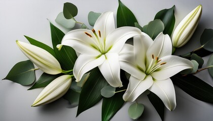 Naklejka premium white lilies with eucalyptus leaves