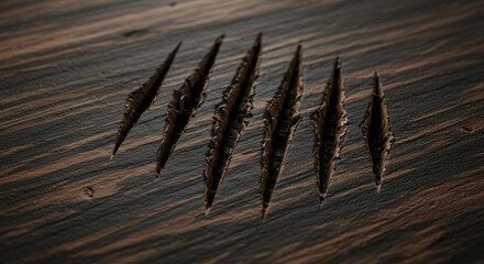 Six deep claw marks or scratches on a dark wooden surface signify danger and damage