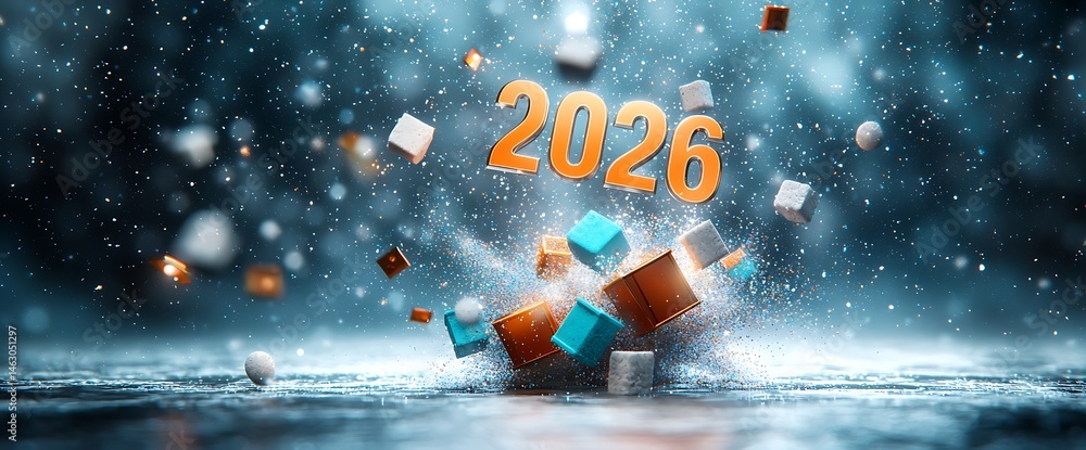 Poster 2026, futuristic image of number with abstract cubes, bokeh lights, and a hazy background