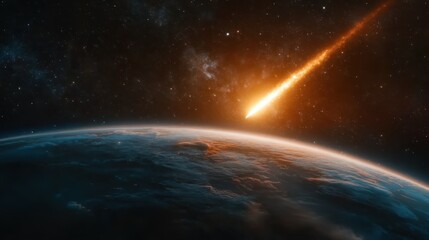 A stunning view of a bright meteor streaking across the night sky, illuminating Earth below with an orange glow amidst countless stars and cosmic wonder.