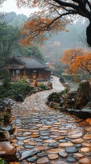 Obraz premium Walking Stone Path to Traditional Japanese House with Autumn Foliage