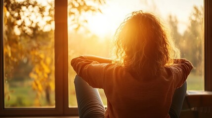 A person with curly hair gazes out a window at a beautiful sunset, reflecting on life as the warm light casts a golden glow around the room, evoking a sense of peace and introspection.
