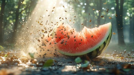 Exploding watermelon slice in forest