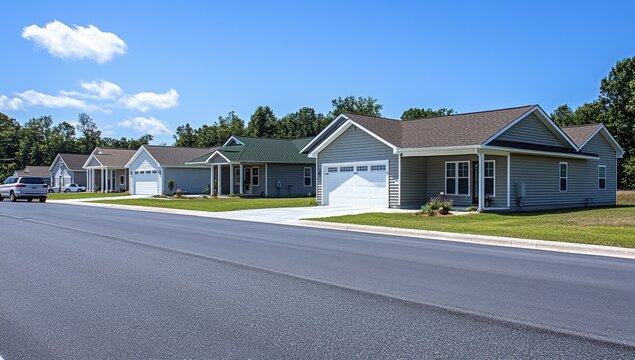Row of light gray homes with attached garages, lined up along a paved road.  Landscaped yards with grassy areas.  Clear blue sky with some white clouds