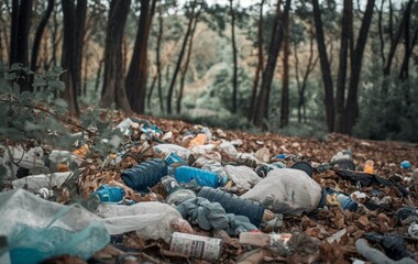 Obraz premium Trash scattered on the ground in the woods