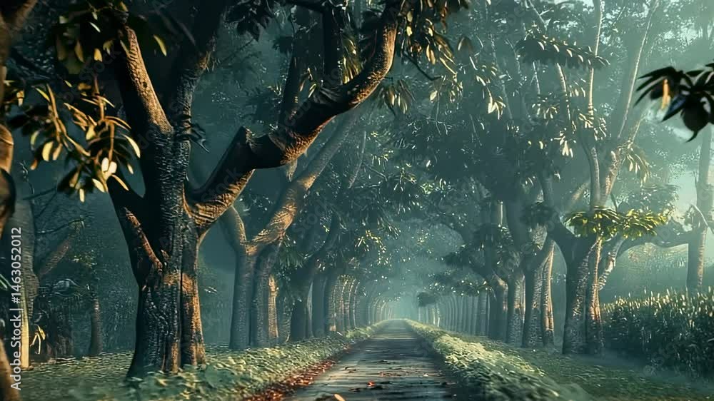 Poster enchanting forest path with symmetrical trees and soft lighting
