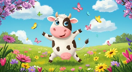 Fototapeta premium Happy Cow Cartoon Dancing in Flower Field with Butterflies
