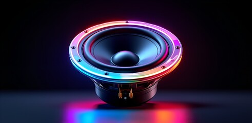 Sound Symphony: Close-up of a futuristic speaker emitting dynamic colors of sound on a reflective surface, set against a dark background. Explore auditory world. 