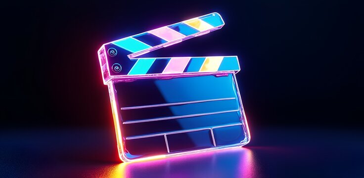 Illuminated Film Slate: A captivating, neon-lit film clapboard against a dark backdrop, radiating cinematic energy and anticipation.