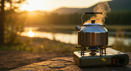 Camping kettle steaming on stove by serene riverside sunset
