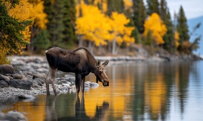 Fototapeta premium A majestic moose stands in calm water, reflecting the golden autumn trees and sky
