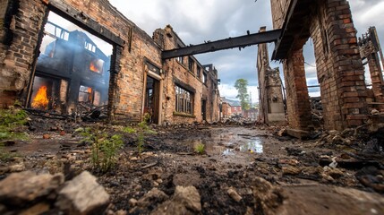 Fototapeta premium Burnt-out urban alleyway, disaster