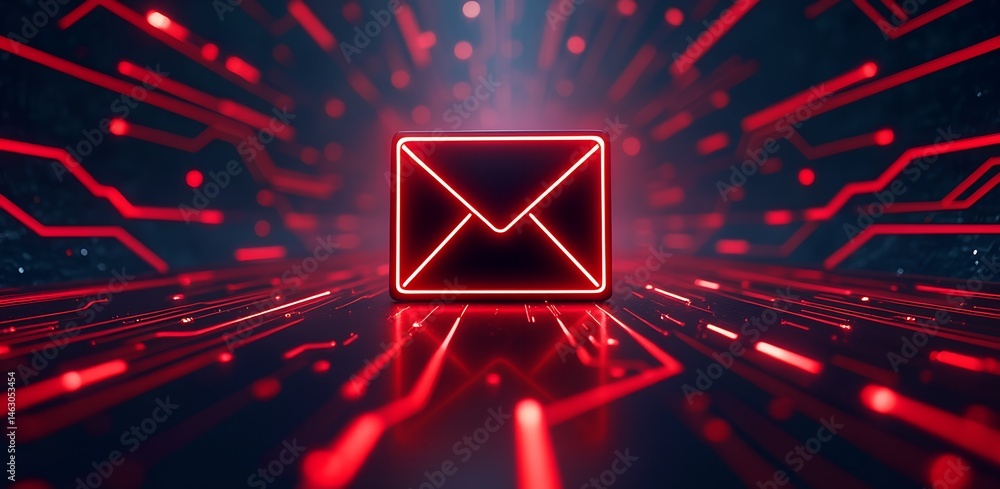 Aufkleber digital email: an illuminated email symbol glows against a vibrant network of data pathways, symboli