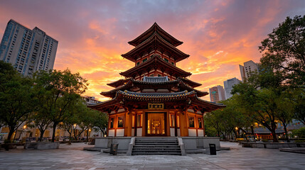 Obraz premium A multi-tiered wooden building under sunset in urban landscape