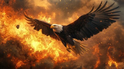 Fierce eagle soaring through inferno; dramatic fire background; power, freedom concept