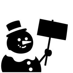 A cheerful snowman in black and white vector art, holding a blank sign. Perfect for winter, Christmas, and holiday designs.