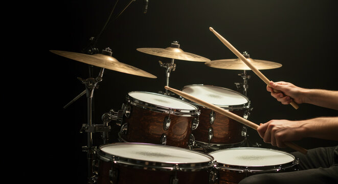 Drummer playing drums with sticks against a dark background  