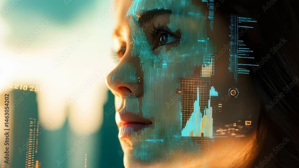 Poster womans face with digital overlay, data visualization, futuristic tech style
