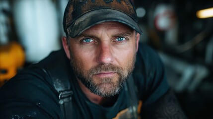 A rugged worker with striking blue eyes gazes intensely at the camera, exuding determination and resilience amidst the backdrop of a gritty industrial environment.