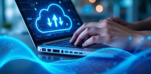 Cloud Computing with Hands: A person's hands working diligently on a laptop, the digital cloud concept, representing connectivity and modern technology.
