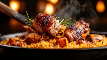 This image features a delicious grilled meal showcasing succulent pieces of meat served on a platter with rice, garnished with fresh herbs and exuding rich, enticing flavors.