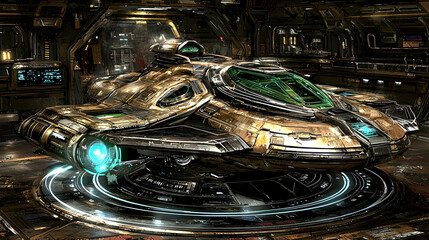 Futuristic spaceship in hangar, docked, sci-fi setting, game asset