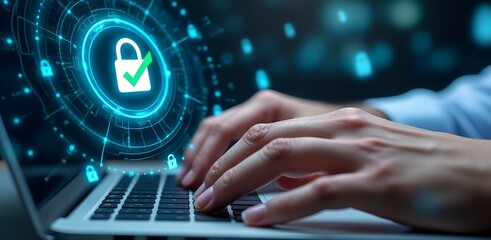 Cybersecurity Safeguard: Hands typing on a laptop, surrounded by a digital network, symbolizing secure data protection. It's a visual metaphor for robust cybersecurity and online safety.
