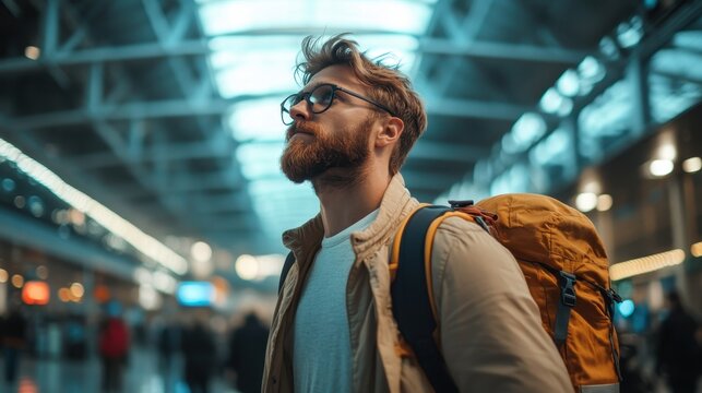 A young man at the airport, gazing thoughtfully into the distance, embodying the spirit of adventure, exploration, and anticipation of new journeys and experiences.