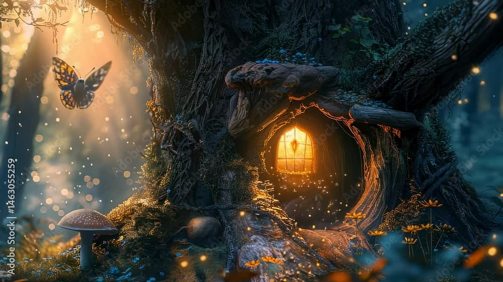 Poster enchanted treehouse with glowing window and butterfly in a magical forest