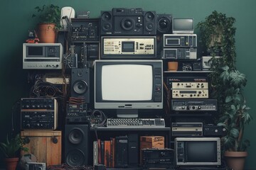 Retro technology collection on a wooden shelf