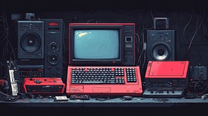 Obraz premium Retro tech setup. Vintage computers and audio equipment