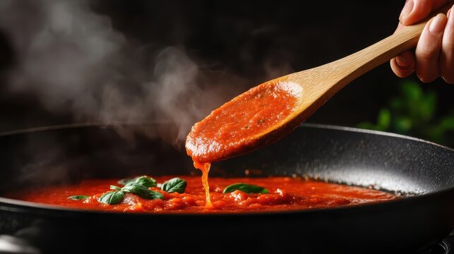 A steaming pot of rich tomato sauce is being stirred with a wooden spoon, featuring fresh basil leaves that add an aromatic touch to this culinary delight.