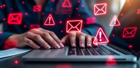 Digital Intrusion: A close-up shot of a person's hands typing on a laptop, accompanied by a visual representation of a security breach with red alert icons, suggesting danger and digital threats.