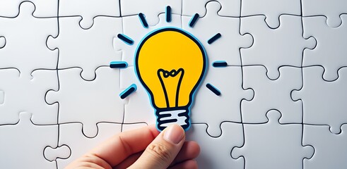 Solution:  The Eureka Moment: A hand carefully places a lightbulb-shaped puzzle piece into its rightful spot, completing the picture and symbolizing a breakthrough moment of insight and innovation.