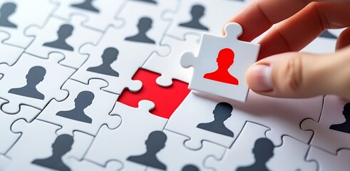 Fitting the Profile: A close-up shot of a hand carefully placing the final jigsaw puzzle piece, representing a key personnel choice in a business context. Emphasizing careful selection.